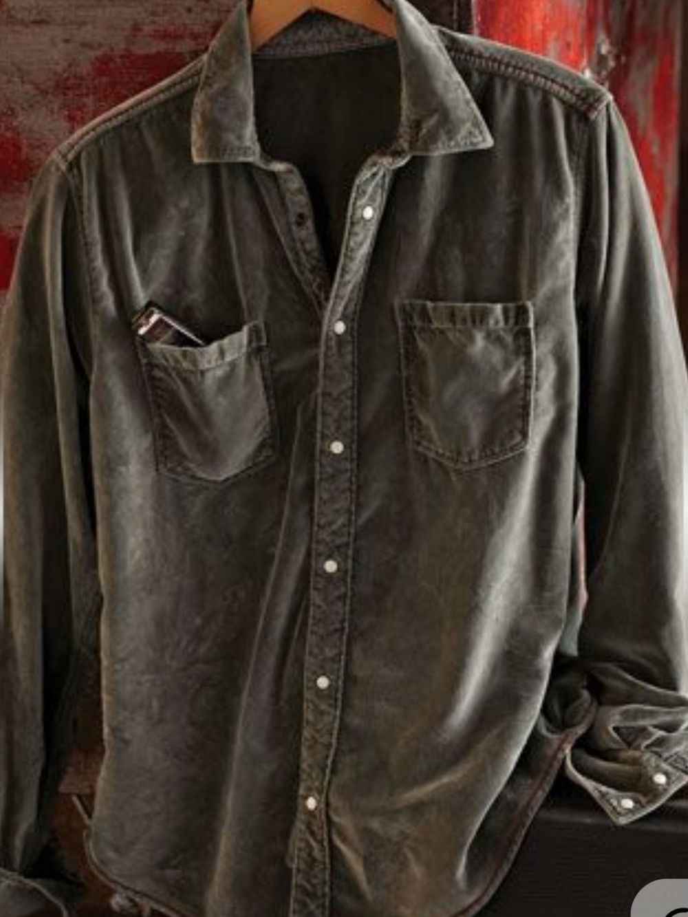 BAR BLUES 100% Cotton Velvet Men's Button-Down Shirt Pearl Snap Olive Layered XL